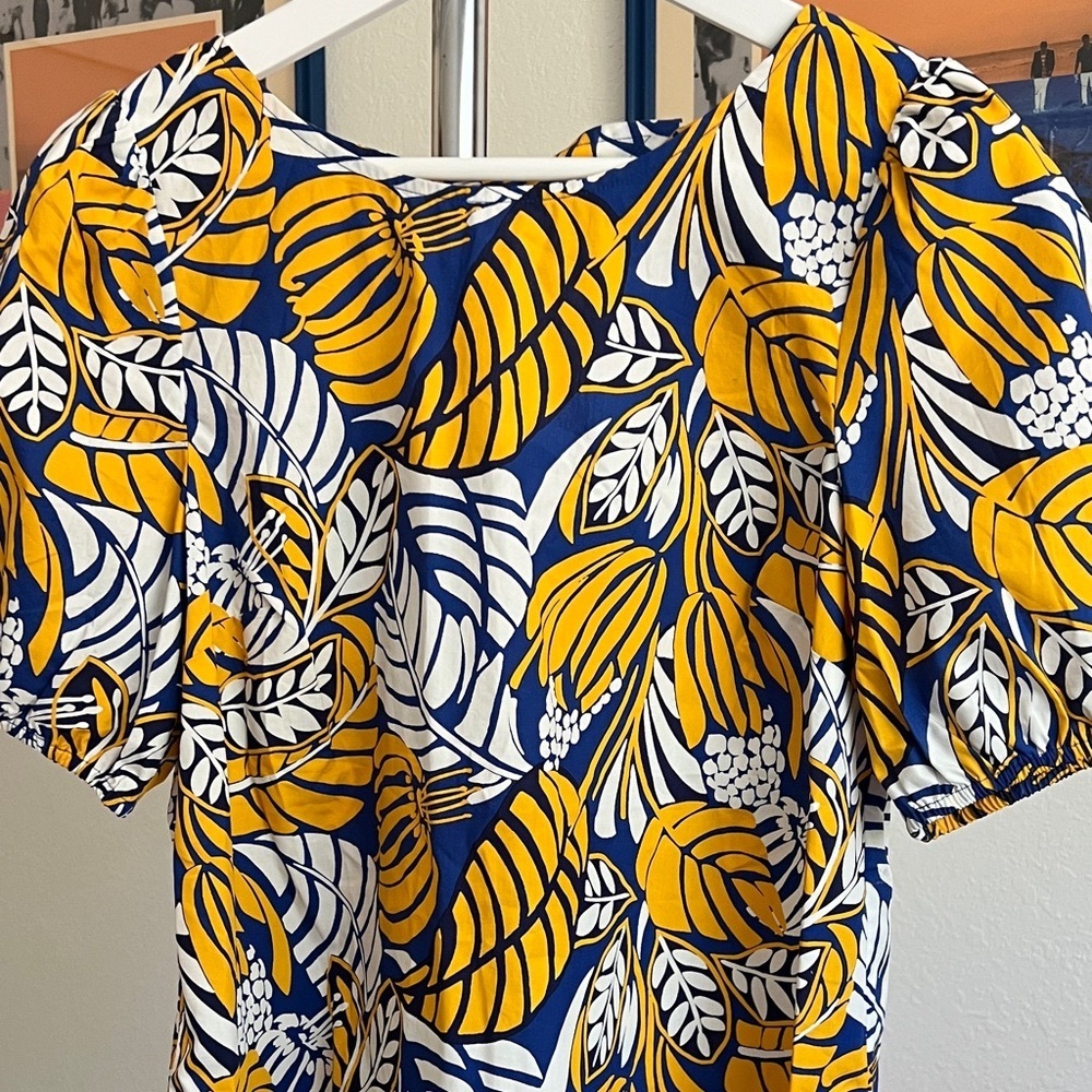 Talbots Yellow and Blue Leaf Print Blouse